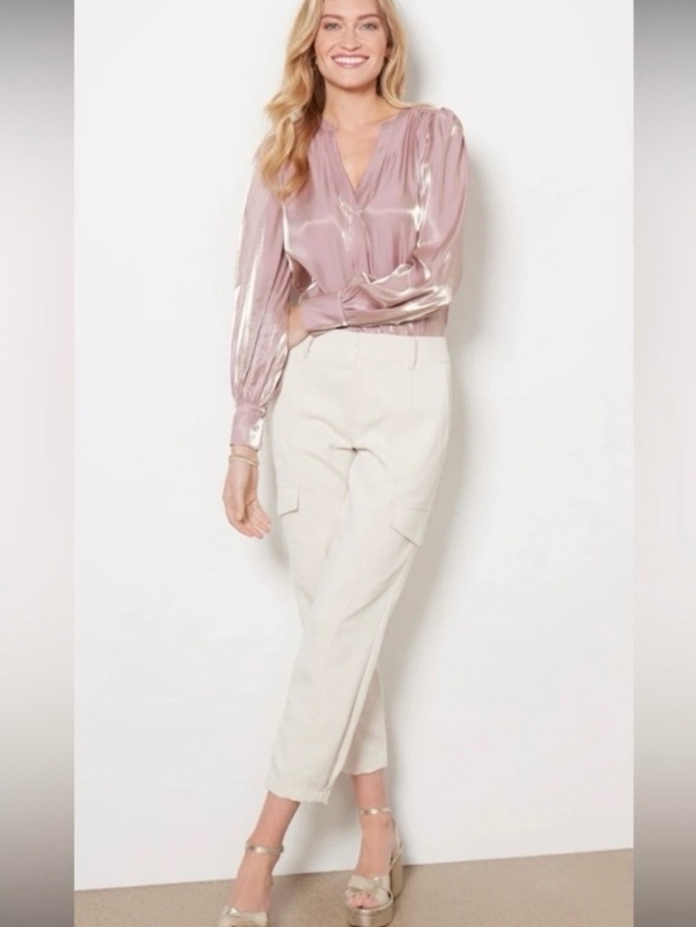 Evereve $88 Analise Shine Bloyse in Blush Rose Pink Shimmer. Size Small. NWOT
